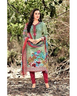 Salwar Suit- Pure Cotton with  Embroidery and Self Print - Olive Green and Pink  (Un Stitched)